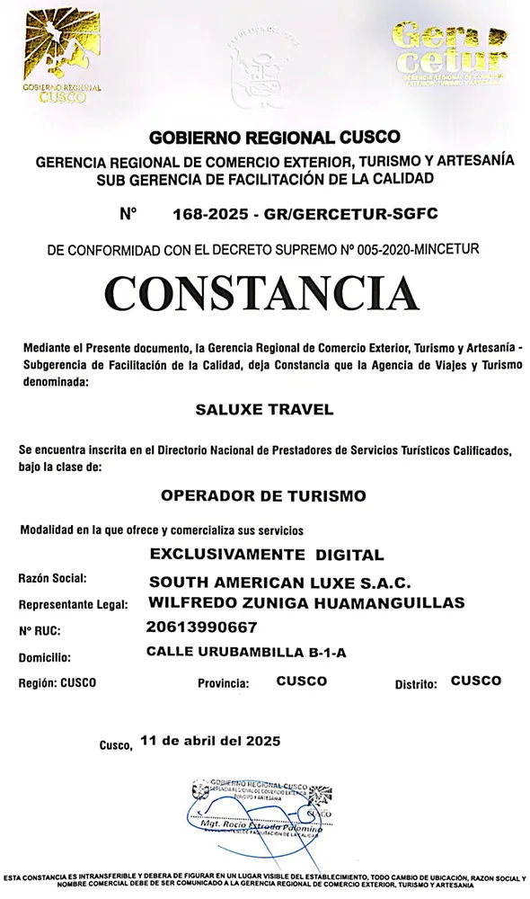 Official tourism registration certificate for South American Luxe